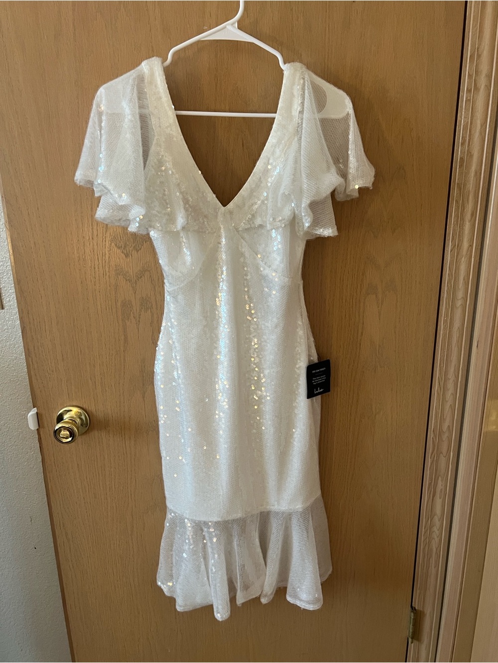Lulu's White Sequin V-Neck Midi Dress with Flutter Sleeves